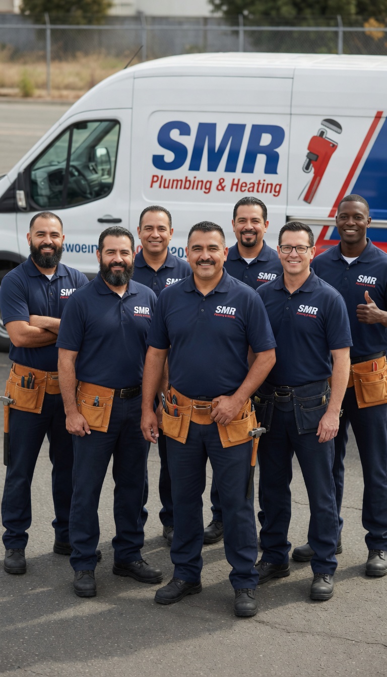 The SMR Plumbing & Heating crew standing in front of their branded service van in a Dallas–Fort Worth neighborhood